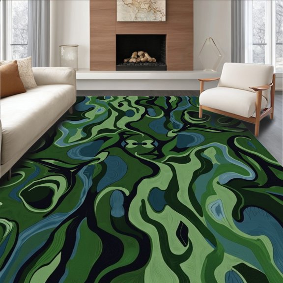 ODIKA 2x3 Machine Washable Non-Slip Area Rug, Marbled Smoke Effect Design with Abstract Fluid Art High Traffic Rug, Green, 591565