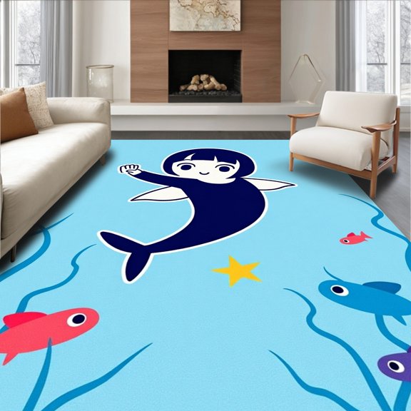 ODIKA 2x3 Machine Washable Non-Slip Area Rug, Marine Animal Crochet High Traffic Rug, Blue, 619712