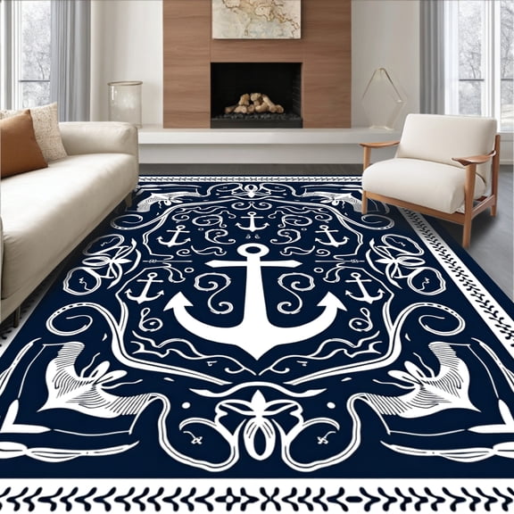 ODIKA 2'x3' Machine Washable Non-Slip Area Rug, Maritime Anchor Medallion Elegant Nautical Charm High Traffic Rug, Blue, 519391