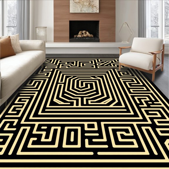 ODIKA 2x3 Machine Washable Non-Slip Area Rug, Maze Labyrinth Shaggy with Intricate Pathway Design High Traffic Rug, Black, 666549