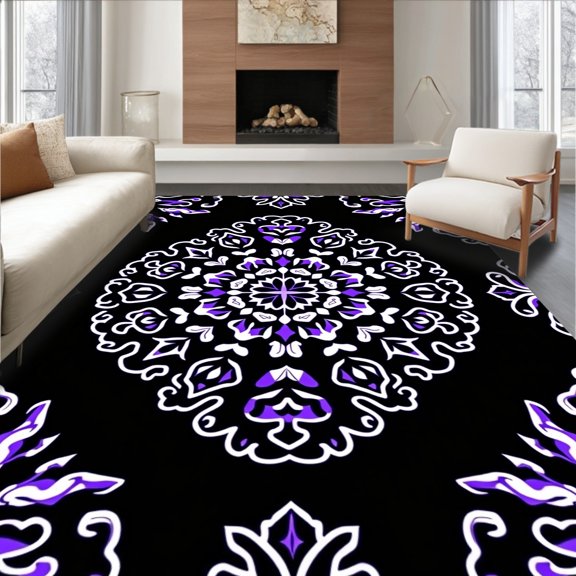ODIKA 2x3 Machine Washable Non-Slip Area Rug, Medallion Floor Covering with Intricate Details High Traffic Rug, Black, 540489