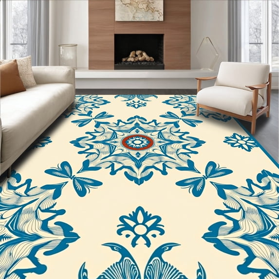 ODIKA 2'x3' Machine Washable Non-Slip Area Rug, Medallion Interlocking Motif with Vintage Botanical Accents High Traffic Rug with Pad, Beige, 658987