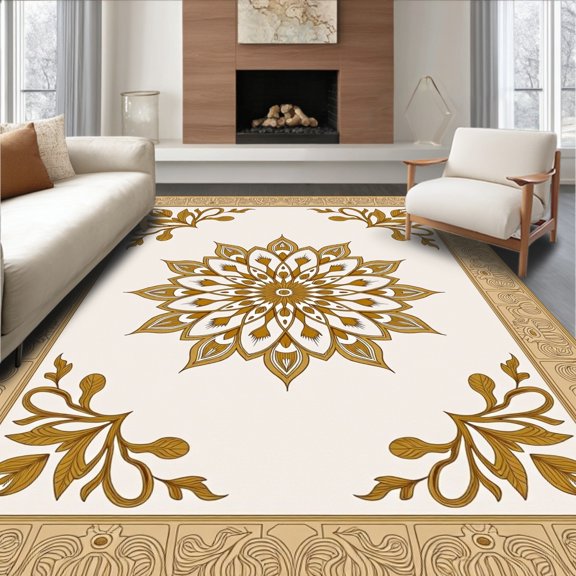 ODIKA 2x3 Machine Washable Non-Slip Area Rug, Medallion Ornate Central Motif Decorative Floor Artisan High Traffic Rug, Beige, 663611