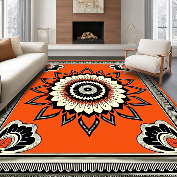ODIKA 2x3 Machine Washable Non-Slip Area Rug, Medallion Waterproof Floor with Corner Stakes High Traffic Rug, Orange, 710598