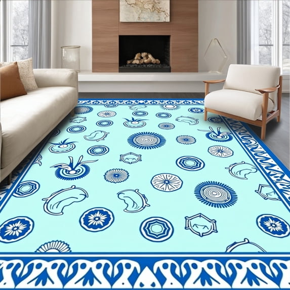 ODIKA 2'x3' Machine Washable Non-Slip Area Rug, Mediterranean Mosaic Nautical Seaside Maritime Riviera High Traffic Rug with Pad, Blue, 553025