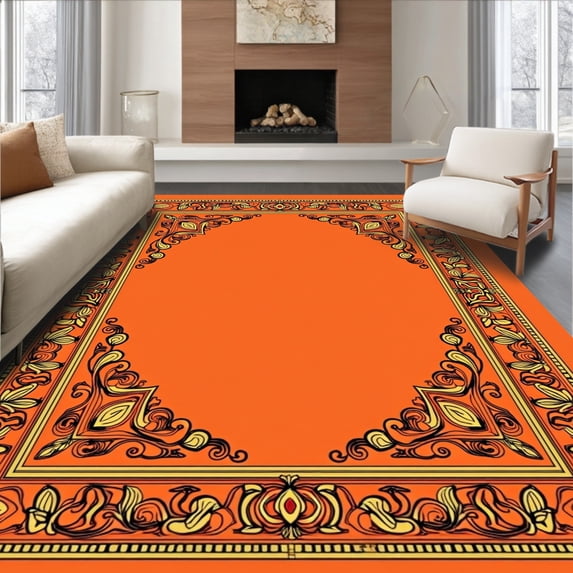 ODIKA 2'x3' Machine Washable Non-Slip Area Rug, Mehendi Dreamcatcher with Floral Scrollwork and Festive Accents High Traffic Rug, Orange, 709607