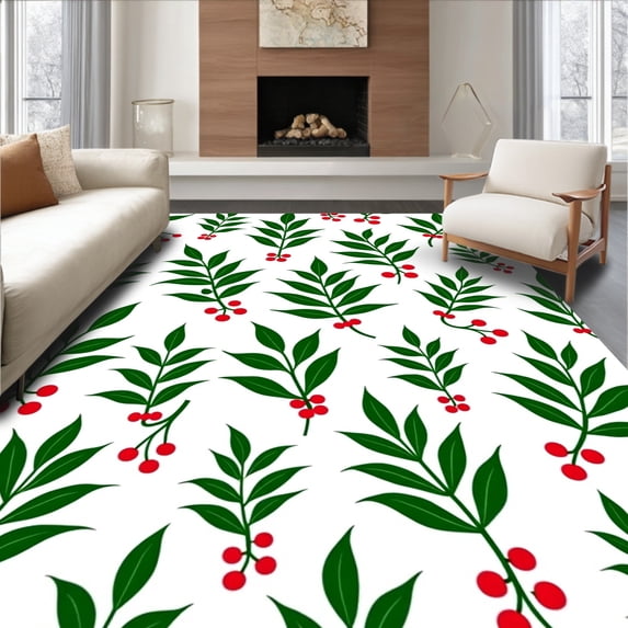 ODIKA 2'x3' Machine Washable Non-Slip Area Rug, Merry Mistletoe Branch Floor with Holly Berry Botanical Design High Traffic Rug, Green, 734843