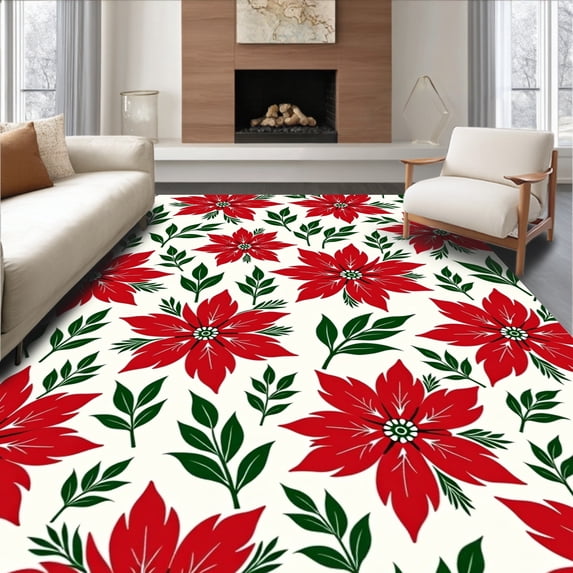 ODIKA 2'x3' Machine Washable Non-Slip Area Rug, Merry Poinsettia Floral Print Anti Fatigue Pair High Traffic Rug with Pad, Red, 732560
