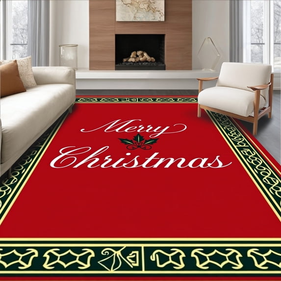 ODIKA 2'x3' Machine Washable Non-Slip Area Rug, Merry Typography with Interlocking Holly Leaf Borders High Traffic Rug with Pad, Red, 742264