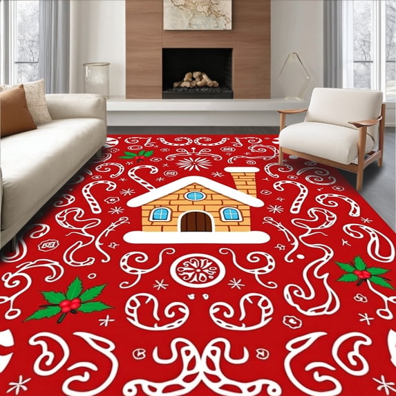 ODIKA 2'x3' Machine Washable Non-Slip Area Rug, Merry Wonderland Floor Covering Cane Pathway High Traffic Rug, Red, 631046