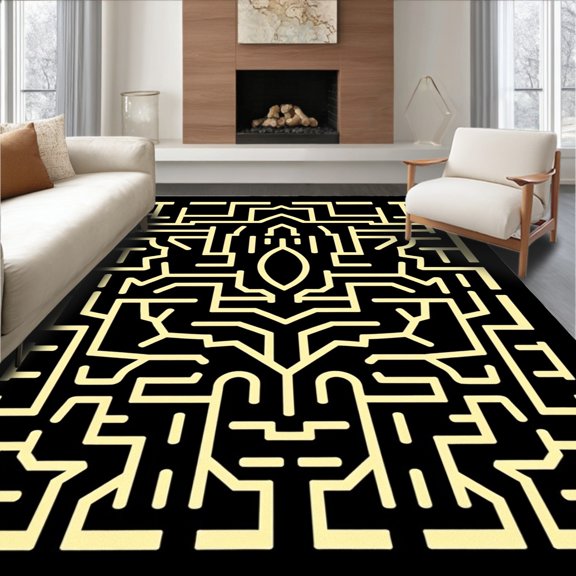 ODIKA 2x3 Machine Washable Non-Slip Area Rug, Midnight Abstract Maze with Gold Accent Detailing High Traffic Rug, Black, 594074
