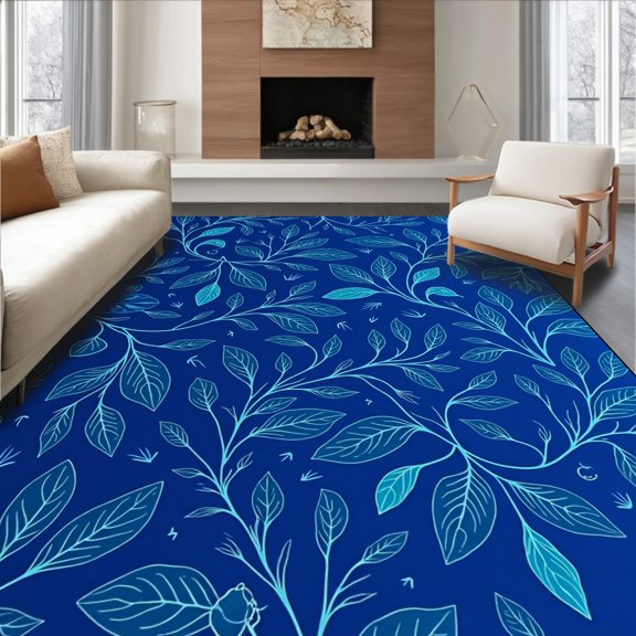 ODIKA 2x3 Machine Washable Non-Slip Area Rug, Midnight Botanical Dream Featuring Flourishing Leaf Vines High Traffic Rug, Blue, 460989
