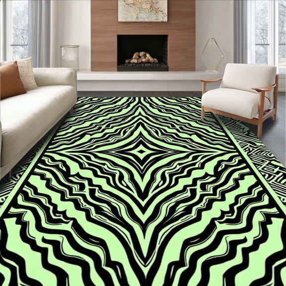 ODIKA 2x3 Machine Washable Non-Slip Area Rug, Minimalist Boho with Repeating Interlocking and Zigzag High Traffic Rug with Pad, Green, 558261
