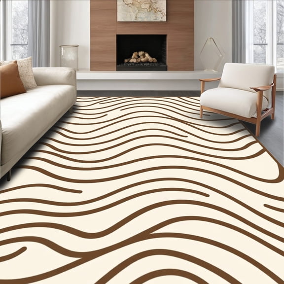 ODIKA 2x3 Machine Washable Non-Slip Area Rug, Minimalist Wave Design with Smooth Curves High Traffic Rug, Brown, 367022