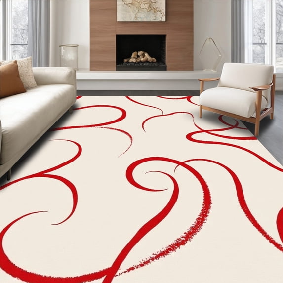 ODIKA 2'x3' Machine Washable Non-Slip Area Rug, Minimalist Zen Flowing Abstract Brushstroke Monochromatic High Traffic Rug, Red, 657804