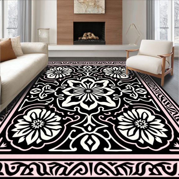ODIKA 2x3 Machine Washable Non-Slip Area Rug, Modern Blossom Medallion Design Featuring Petal Inspired Symmetry High Traffic Rug, Black, 568204