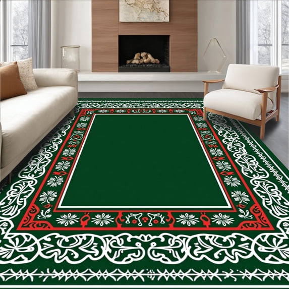 ODIKA 2'x3' Machine Washable Non-Slip Area Rug, Modern Holiday with Mistletoe and Berry Details High Traffic Rug with Pad, Green, 626877