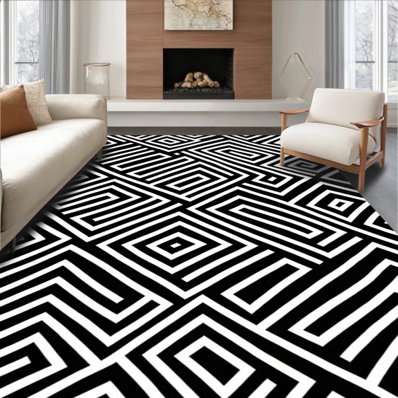 ODIKA 2'x3' Machine Washable Non-Slip Area Rug, Modern Interlocking Lattice with Nordic Minimalist Flair High Traffic Rug, Black, 475695