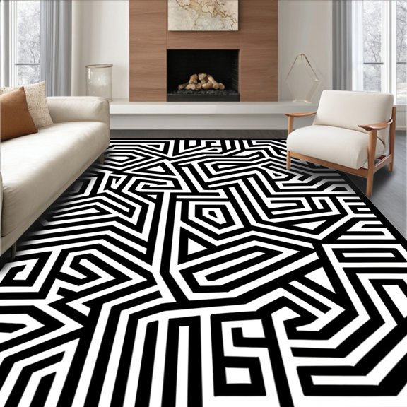 ODIKA 2x3 Machine Washable Non-Slip Area Rug, Modern Interlocking Maze with Abstract Influence and Contrasting Details High Traffic Rug, Black, 427154