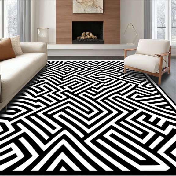 ODIKA 2x3 Machine Washable Non-Slip Area Rug, Modern Maze Hallway High Traffic Rug, Black, 375091