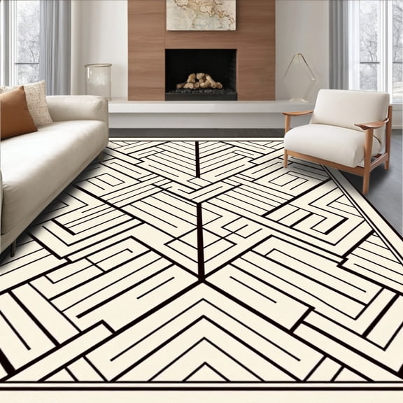 ODIKA 2x3 Machine Washable Non-Slip Area Rug, Modern Minimalist Zigzag Herringbone Chevron Wave Lattice High Traffic Rug, Beige, 491927