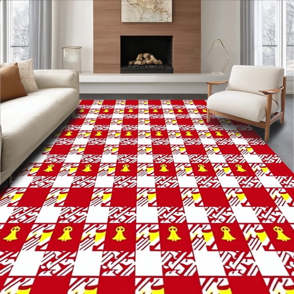 ODIKA 2'x3' Machine Washable Non-Slip Area Rug, Modern Yuletide Tartan with Sleigh Bell Motif High Traffic Rug, Red, 616272