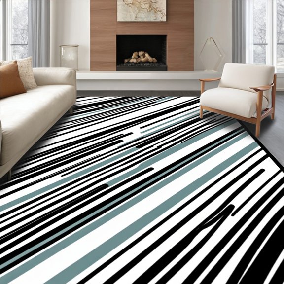 ODIKA 2x3 Machine Washable Non-Slip Area Rug, Modernist Diagonal Stripe Decorative Asymmetrical Contrast High Traffic Rug, Black, 489118