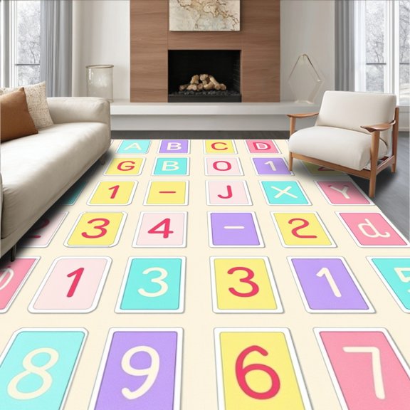 ODIKA 2x3 Machine Washable Non-Slip Area Rug, Modular Alphabet Blocks with Mathematical Digits Connecting High Traffic Rug, Pink, 693777