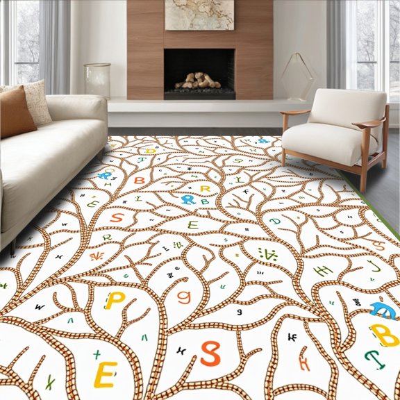 ODIKA 2x3 Machine Washable Non-Slip Area Rug, Monkey Tree Branch ABC Teaching with Playful Letter Graphics High Traffic Rug with Pad, Brown, 697562