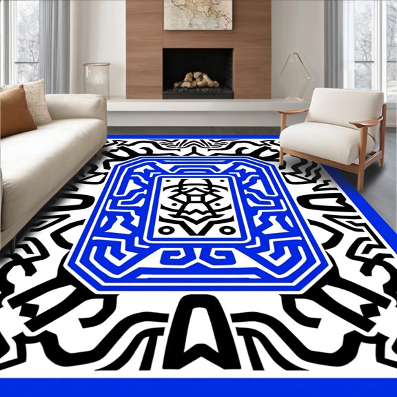 ODIKA 2x3 Machine Washable Non-Slip Area Rug, Monochrome Maze Interlocking Labyrinth Design Modern Abstract High Traffic Rug, Blue, 593567