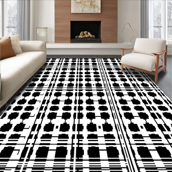 ODIKA 2'x3' Machine Washable Non-Slip Area Rug, Monochrome Plaid Accent with Classic Checkerboard Style High Traffic Rug, Black, 513354
