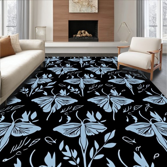ODIKA 2x3 Machine Washable Non-Slip Area Rug, Moth Garden Reverie Featuring Interlocking Petal and Leaf High Traffic Rug, Black, 555381