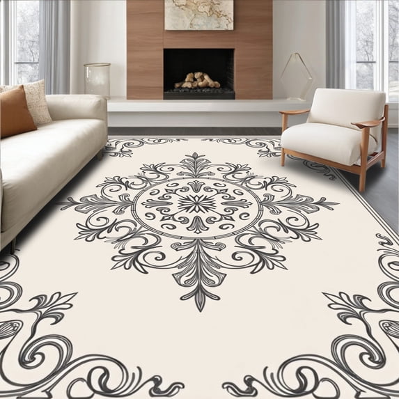 ODIKA 2'x3' Machine Washable Non-Slip Area Rug, Motif with Scrollwork and Vintage Filigree High Traffic Rug with Pad, Black, 542420