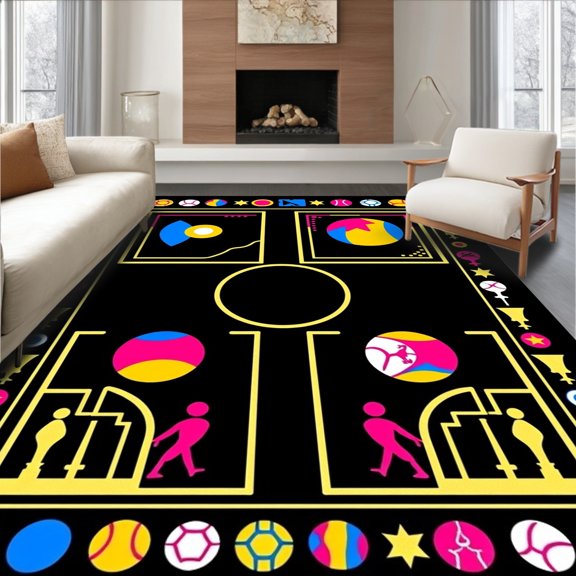 ODIKA 2x3 Machine Washable Non-Slip Area Rug, Multi Sport Championship Design With Trophy Motifs High Traffic Rug, Black, 678707