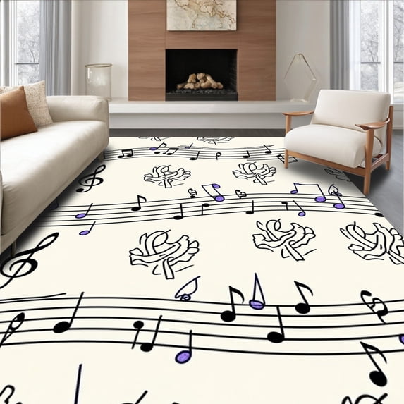 ODIKA 2'x3' Machine Washable Non-Slip Area Rug, Musical Notes Symphony Score Sheet Design Decorative Floor High Traffic Rug, Black, 545086