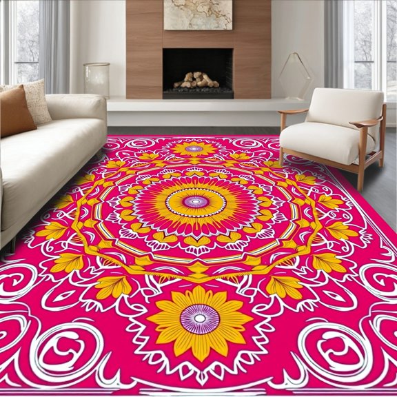 ODIKA 2x3 Machine Washable Non-Slip Area Rug, Mystic Chakra Blossom with Filigree Vines and Whorl Details High Traffic Rug, Pink, 707874