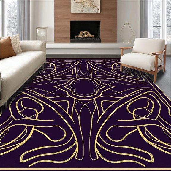 ODIKA 2x3 Machine Washable Non-Slip Area Rug, Mystic Maze Lattice with Abstract Curved Interlocking Paths High Traffic Rug, Gold, 459027