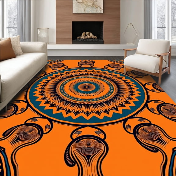 ODIKA 2x3 Machine Washable Non-Slip Area Rug, Mystical Cosmic Spiral Meditation Zen High Traffic Rug, Orange, 709953