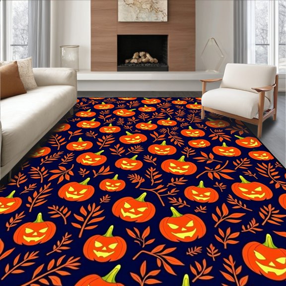 ODIKA 2x3 Machine Washable Non-Slip Area Rug, Mystical Pumpkin Patch Harvest Festival Tree Base Decoration High Traffic Rug, Orange, 741317