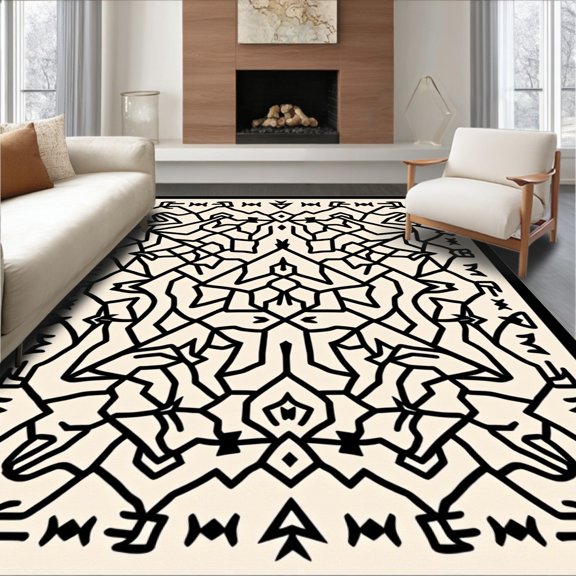 ODIKA 2'x3' Machine Washable Non-Slip Area Rug, Native Rhombus Lattice Handwoven Minimal Artistic Eclectic High Traffic Rug, Black, 546372