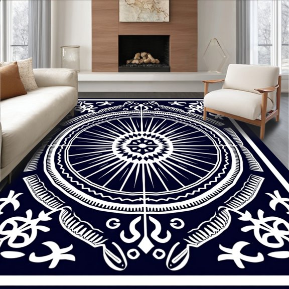 ODIKA 2x3 Machine Washable Non-Slip Area Rug, Nautical Compass Medallion Abstract Contemporary Decorative Flooring High Traffic Rug, Black, 582074