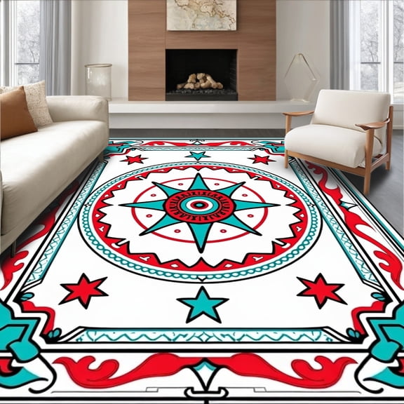 ODIKA 2x3 Machine Washable Non-Slip Area Rug, Nautical Compass Rose Medallion Decorative Floor Covering High Traffic Rug, Red, 714526
