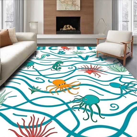 ODIKA 2'x3' Machine Washable Non-Slip Area Rug, Nautical Explorer Life Alphabet Learning Tactile High Traffic Rug with Pad, Blue, 685108