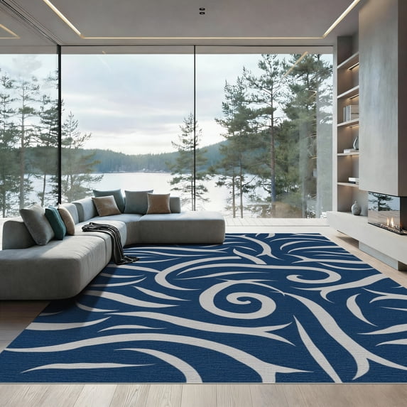 ODIKA 2'x3' Machine Washable Non-Slip Area Rug, Nautical School of Fish with Waves and Tidal Swirls High Traffic Rug, Blue, 914950
