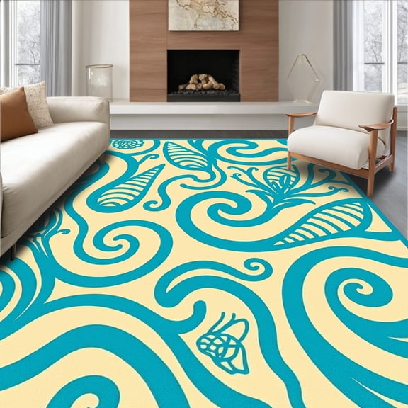 ODIKA 2x3 Machine Washable Non-Slip Area Rug, Nautical Seashell Wave Design High Traffic Rug, Beige, 729595
