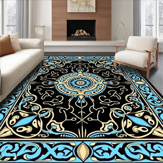 ODIKA 2'x3' Machine Washable Non-Slip Area Rug, Nautical Shell Scroll with Interlocking Wave and Coral Detailing High Traffic Rug with Pad, Black, 550245