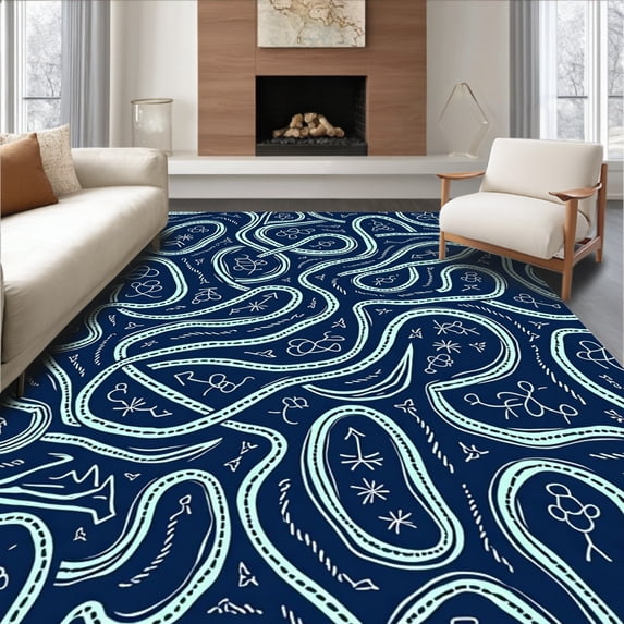 ODIKA 2'x3' Machine Washable Non-Slip Area Rug, Nautical Voyage Interlocking Anchors and Marine Rope with Starfish High Traffic Rug, Navy, 715645