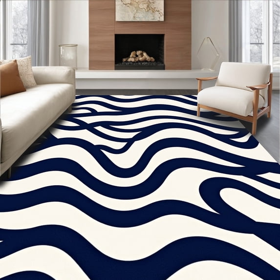 ODIKA 2'x3' Machine Washable Non-Slip Area Rug, Nautical Waves Motif with Modern Interlocking Stripes High Traffic Rug with Pad, Blue, 701227
