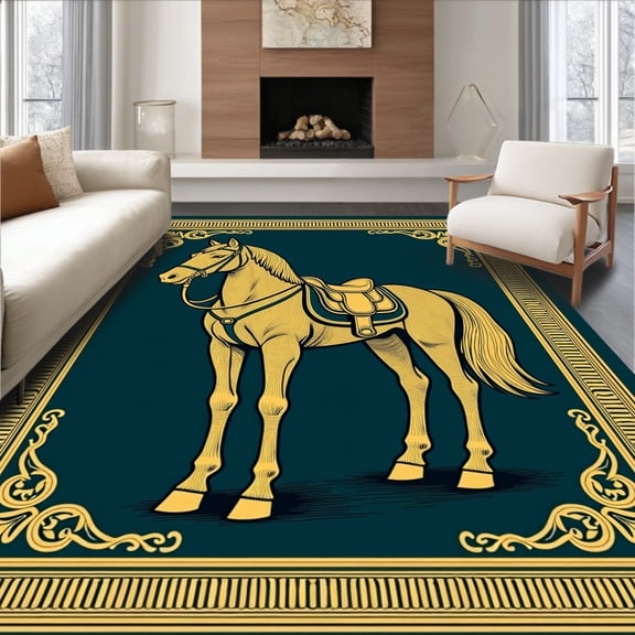 ODIKA 2'x3' Machine Washable Non-Slip Area Rug, Noble Steed Handicraft Yarn Project Decorative Display High Traffic Rug, Gold, 642348