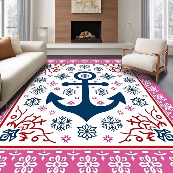 ODIKA 2'x3' Machine Washable Non-Slip Area Rug, Nordic Anchor Crest Design with Delicate Snowflake Details High Traffic Rug, Pink, 645590